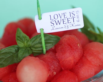 Wedding favor tag reads Love is Sweet - personalized tags - wedding favor or food pick
