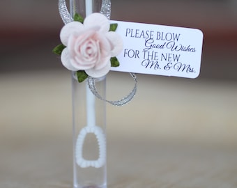 wedding bubble tags and roses, bubble send off, custom tags reading "please blow good wishes for the new mr & mrs"