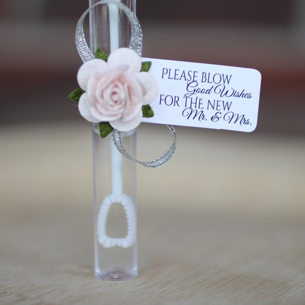 wedding bubble tags and roses, bubble send off, custom tags reading "please blow good wishes for the new mr & mrs"