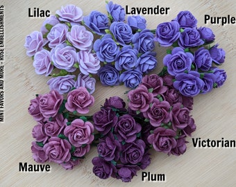 Purple rose flower embellishments - decorations for favors, cards, thank you tags, gift tags, wedding decorations and more