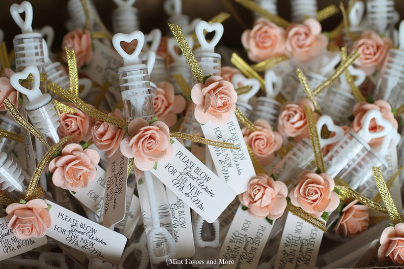 ASSEMBLED wedding bubbles, bubble send off, bubble wands, peach and gold wedding details image 1