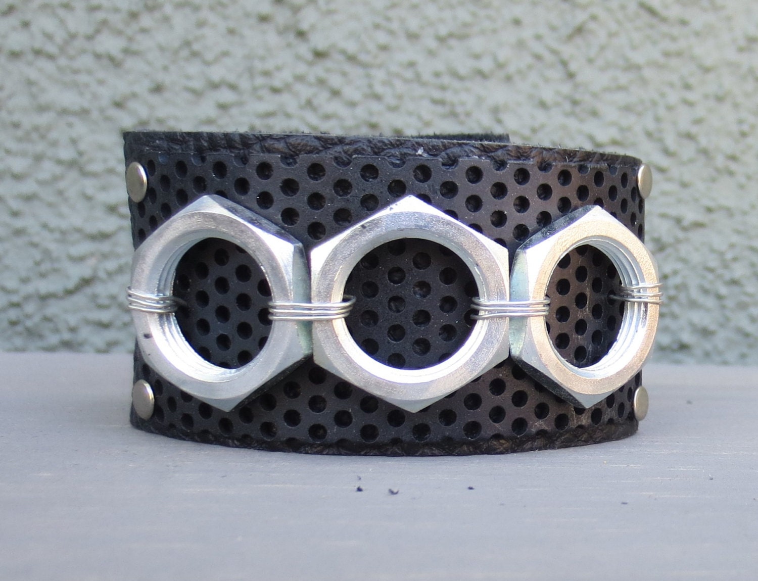 Biker Bracelet Cuff Triple Hex Nuts on Leather Band Etsy