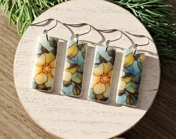 Blue Floral Stained Glass Earrings: Rectangle