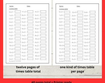 multiplication times table, instant digital download file, home schooling, PDF printable, maths worksheets workbook, primary kids activities