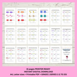 May include: A printable set of 31 worksheets for first grade math. The worksheets feature colorful images and a certificate of completion. The worksheets are designed to help children learn to count and add numbers from 1 to 20.