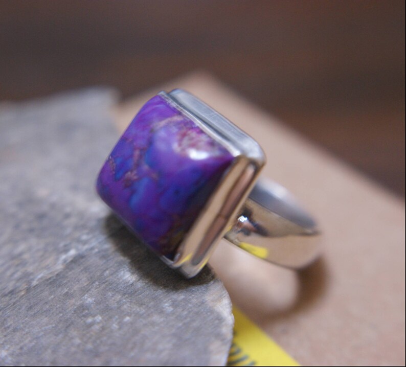 Rustic Large Purple Copper Turquoise set on Sterling Silver Ring hand cut Mohave Turquoise silver ring