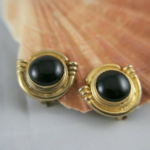 Vintage 50s Designer Black Onyx Gold Plated Clip On Earrings - Gold on 925 Black Onyx Clip On Earrings - Cengiz DESIGNER earrings