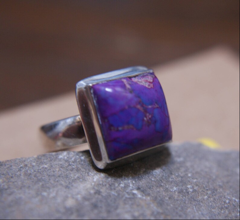 Rustic Large Purple Copper Turquoise set on Sterling Silver Ring hand cut Mohave Turquoise silver ring