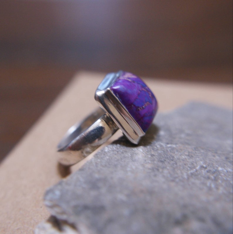 Rustic Large Purple Copper Turquoise set on Sterling Silver Ring hand cut Mohave Turquoise silver ring