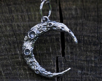 Sterling Silver Crescent Moon Pendant: Textured Lunar Charm Necklace