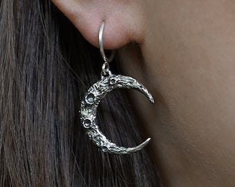 Sterling silver crescent moon earrings, Сrescent moon dangle earrings, Double horn moon earrings, Lunar cycle earrings, Gothic moon earrings