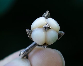 OOAK Cotton Pearl Pendant: Hand-Carved Flower, Sterling Silver Necklace