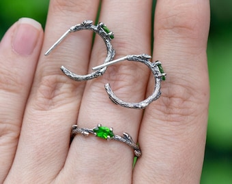 The first green leaf earrings and ring set, Tree branch earrings, Twig round earrings, Spring twig earrings, Botanical jewelry, Rustic hoop