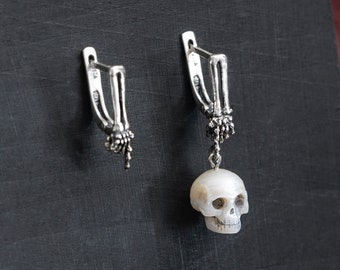 Pearl skull asymmetric earrings, Skeleton hand bone, Human skull, Goth princess, Victorian skeleton hand, unique halloween gift, fairy