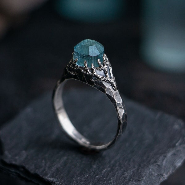 Aquamarine silver branch ring, stone texture, fantasy forest wedding promise tree witch twig statement nature inspired boho march birthstone