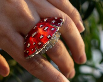 Fly Agaric Silver Ring, Mushroom Witchy ring, Forest Jewelry, Cocktail ring, Toadstool, Fungi nature inspired, statement stackable rings