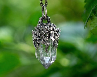 Silver rock crystal lichen pendant, Forest druid moss twig elven, Quartz point, Healing crystal, nature botanical, Herkimer diamond, elvish