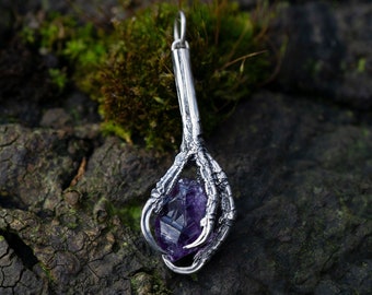 Raven claw, sterling silver pendant with amethyst gemstone, gift for men for him, rough gem, antique blackened, 925 silver foot