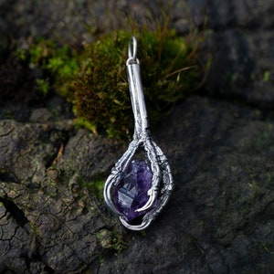 Raven claw, sterling silver pendant with amethyst gemstone, gift for men for him, rough gem, antique blackened, 925 silver foot