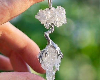 Silver tree made of rock crystal druze and quartz point pendant, silver twigs, unique shape rhinestone, druid amulet, White Tree of Numenor