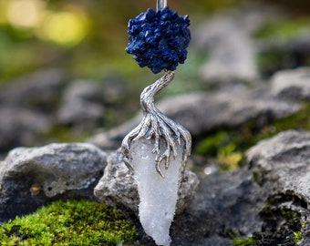 Silver tree made of a azurite druse and rock crystals pendant, silver twigs, unique shape rhinestone, druid amulet, Guayacan