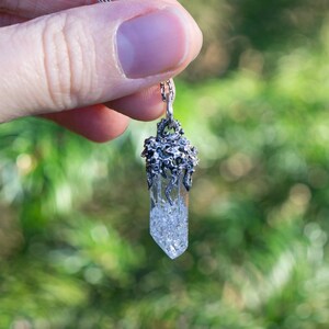 Sterling Silver Quartz Crystal Pendant: Elven Forest Talisman long crystal