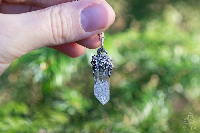 Sterling Silver Quartz Crystal Pendant: Elven Forest Talisman long crystal