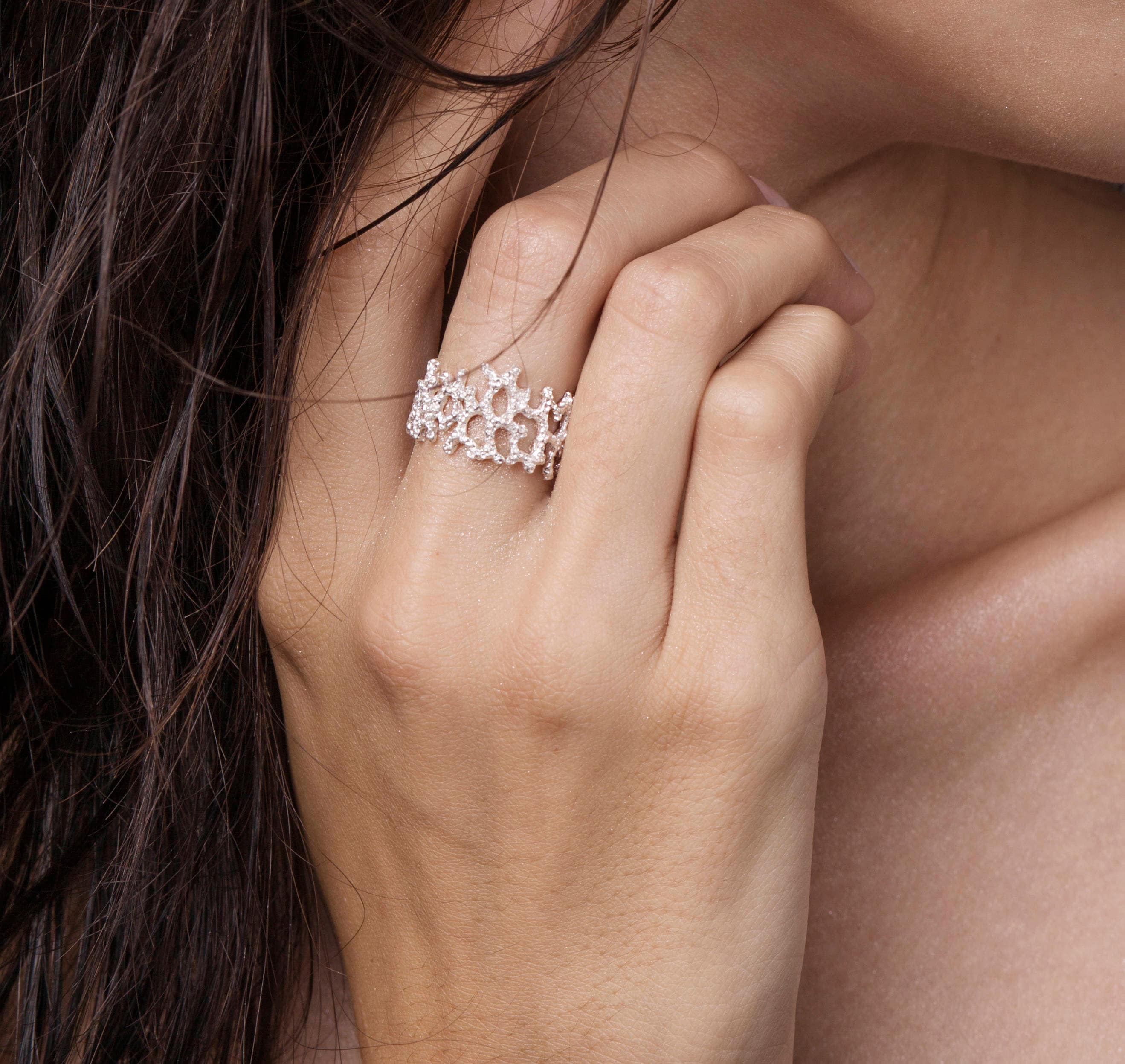 Sterling Silver Coral Branch Ring: Wide Band Sea Jewelry