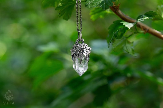 Sterling Silver Quartz Crystal Pendant: Elven Forest Talisman