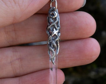 Moon and star in a forest silver pendant, raw quartz in branches, wican rock crystal, supplies, symbols, pagan, celestial, nature, fantasy