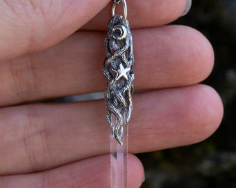 Sterling Silver Moon & Star Quartz Pendant: Wiccan Forest Jewelry