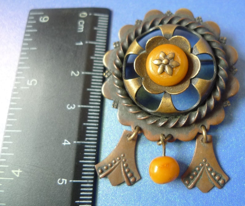 Art Deco Old Soviet Latvian Folk Ethnic Jewelry Natural Baltic Amber gems SAKTA Pin Brooch Charm 12 g