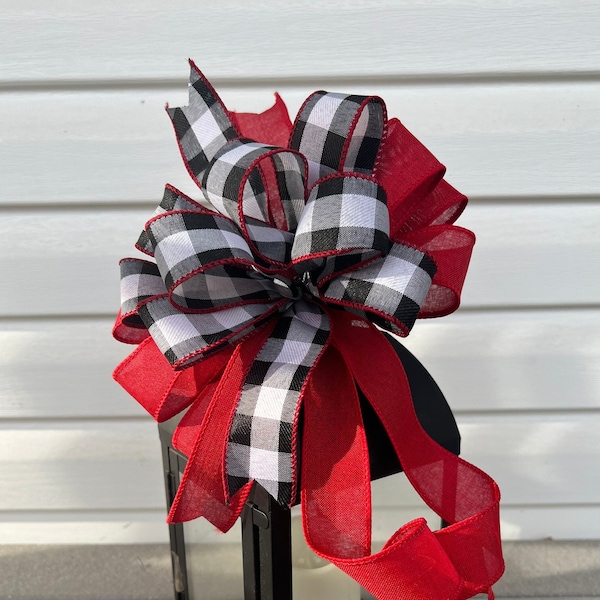 Red Buffalo Plaid Bow Black and White Bow, Everyday Wreath Bow, Farmhouse Bow, Black and White Bow, Lantern,Bow for Wreath, Wreath Bow