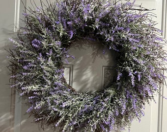 Year Round Artificial Lavender Flower Wreath, 21" Lavender Wreath, Neutral Wreath for Front Door, Everyday Lavender Door Wreath