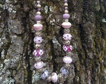 Lampwork and silver roses necklace with sterling chain - 18"
