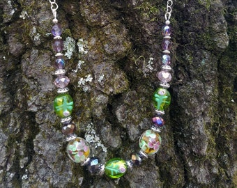 Lampwork and silver bead necklace with sterling heart chain - 16"