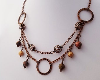 Copper Rings and Jasper Beads Necklace 17"