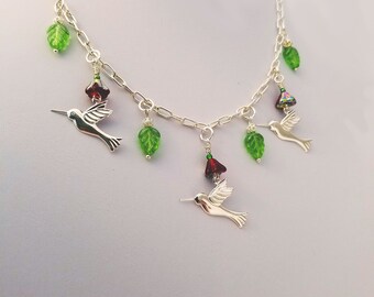 Silver hummingbird and trumpet flowers necklace 16"