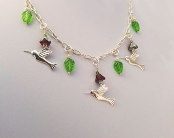 Silver hummingbird and trumpet flowers necklace 16"