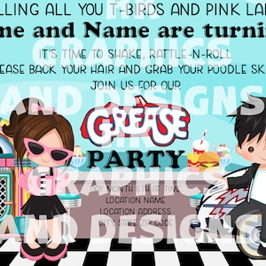 DIGITAL DOWNLOAD** Grease Birthday Invitations cards 5 x 7, 50s themed diner, Rock N&#39; Roll, Brother and sister