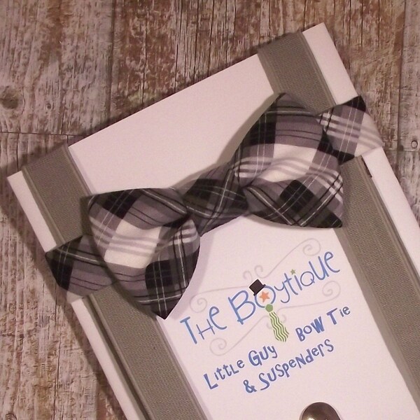 Black Plaid Bow Tie, Grey Suspenders, Toddler Suspenders, Boys Suspenders, Ring Bearer Gift, Wedding Party Gift, Groom, Boy's Cake Smash