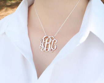 Script font monogram necklace-Silver monogrammed necklace,monogram jewelry,monogrammed gift for women