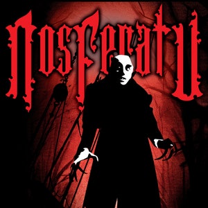 May include: A vintage movie poster for the 1922 film "Nosferatu", a German expressionist horror film. The poster features a silhouette of a vampire with a pale face and sharp claws, standing in front of a red background with the title "Nosferatu" in large, gothic lettering. The text "Eine Symphonie des Grauens" is also visible on the poster, along with the names of the director, actors, and production company.