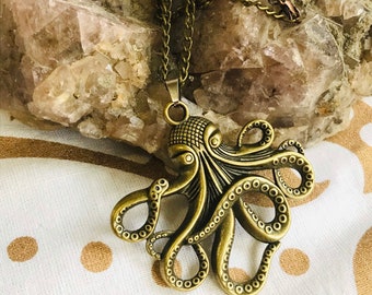 Octopus Necklace, Octopus Pendant, Nautical Necklace, Sea Life Necklace, Brass Octopus, Kraken Necklace, Squid Necklace, Deep Sea Cephalopod