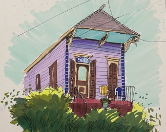 House on Dauphine 9” x 6” print - pen and marker