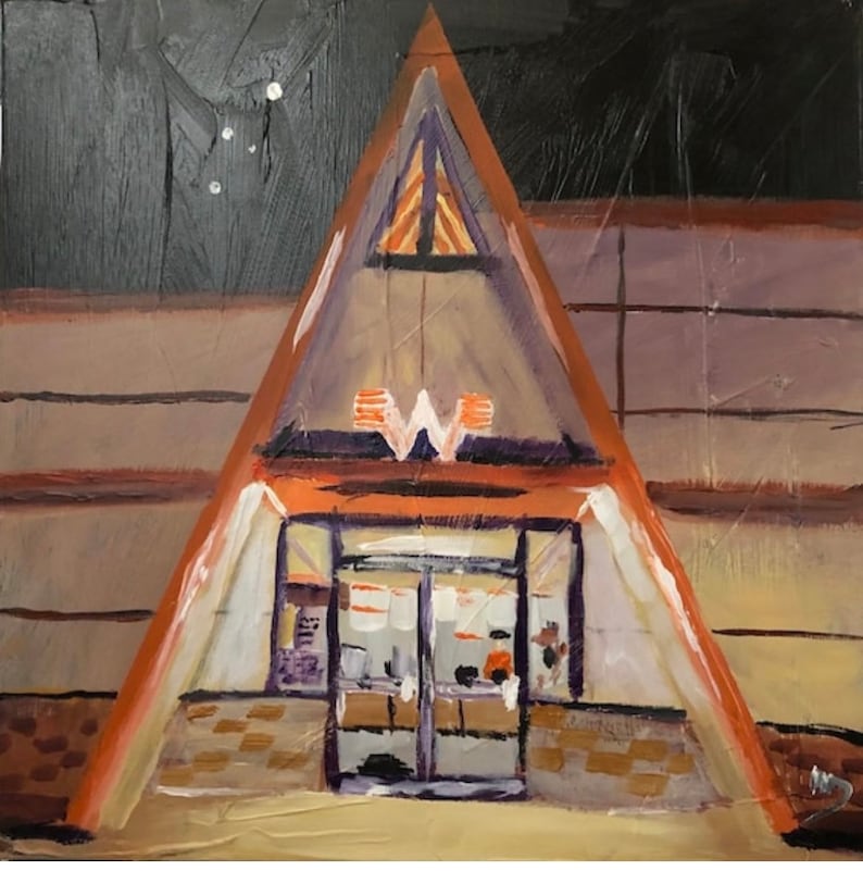 May include: A painting depicting a fast food restaurant with a triangular roof and a prominent "W" sign. The building is rendered in shades of orange, brown, and purple.