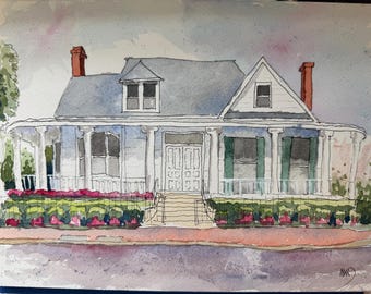 River Oaks-9” x 12” ink and watercolor on paper. original. Matted and framed