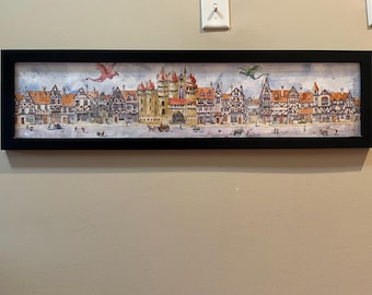 Midieval Neighborhood- 36” x 8” watercolor and ink on paper. Original. Framed in wood frame. Acrylic glass. Wire. Ready to hang