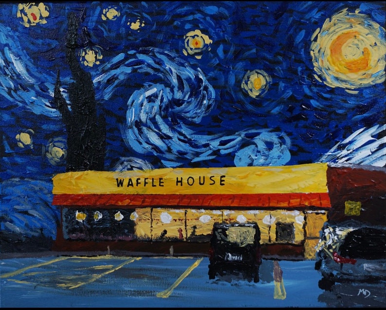 May include: A painting of a Waffle House restaurant under a starry night sky, reminiscent of Vincent van Gogh's "Starry Night". The building is yellow with a red awning and the words "Waffle House" are written in black letters. The sky is blue with swirling white clouds and yellow stars.