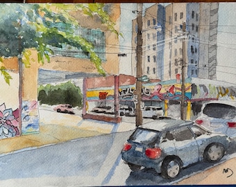 View from Tamp & Grind- 9” x 12” watercolor and ink on paper. original. Matted and framed